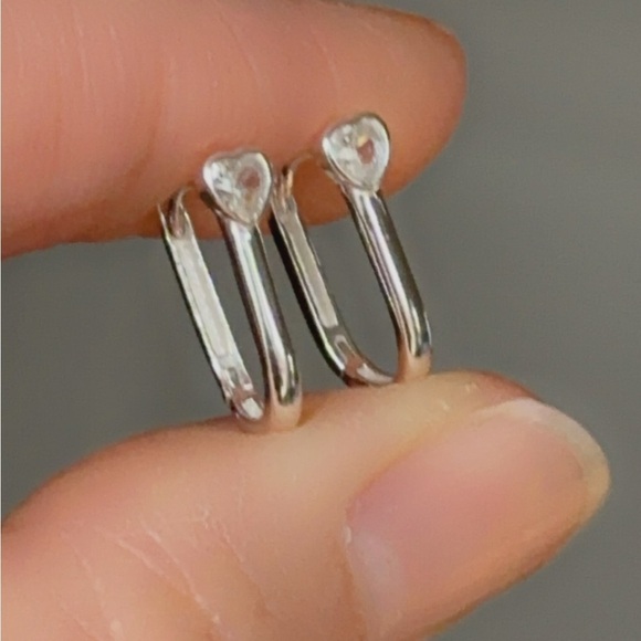 Sterling Silver Heart CZ Oval Huggie Earrings - Picture 3 of 9